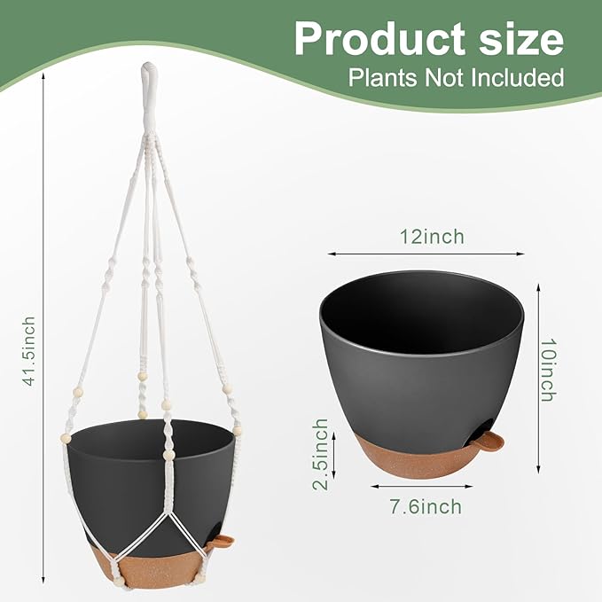 41.5 Inch Macrame Plant Hanger Indoor Outdoor with 12 Inch Flower Pot, Hanging Planter for Plants Holder with Wood Beads for Boho Home Decor (Ivory+Black)-CasaMuseHome