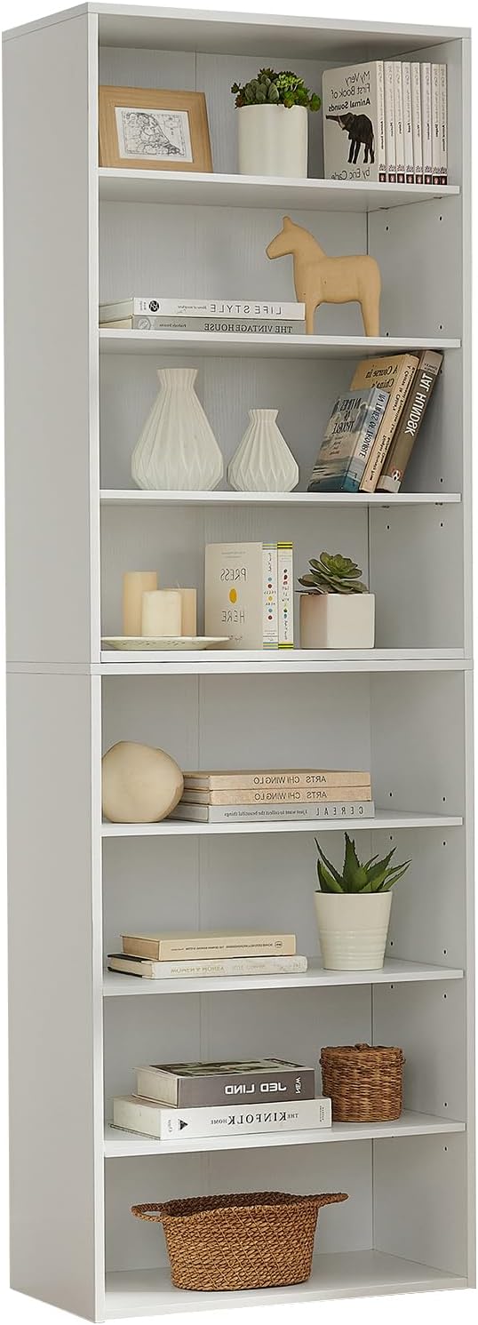 71 Inch Tall 8-Shelf Bookcase, Wood Bookshelf Storage Organizer Adjustable Shelf for Home Office Living Room, Converts into Two 4-Shelf Bookshelves, White-CasaMuseHome
