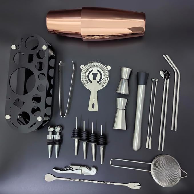 22-Piece Cocktail Shaker Set, 25/20oz Bartender Kit, Bartending Stainless Steel Bar Tools Sets for Drink Mixing, Boston Cocktail Shakers with Stand Recipes Booklet (Rose Gold-25-20oz)-CasaMuseHome
