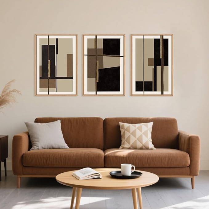 Abstract Shapes Framed Canvas Wall Art Set, Mid-Century Black Polygon Wall Decor, Black Brown Irregular Painting, Neutral Modern Art Print for Living Room, Dining Room, Office - 16"x24"x3-CasaMuseHome