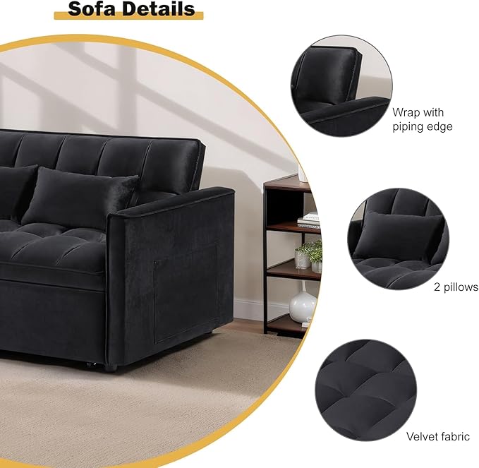 3 in 1 Sleeper Sofa Bed, Futon Sofa Bed for Living Room with Side Pocket, Black Sleepers Sofas Couch with Pullout Beds, Convertible Love Seat Sleepers Couch for Living Room, Bedroom,-CasaMuseHome