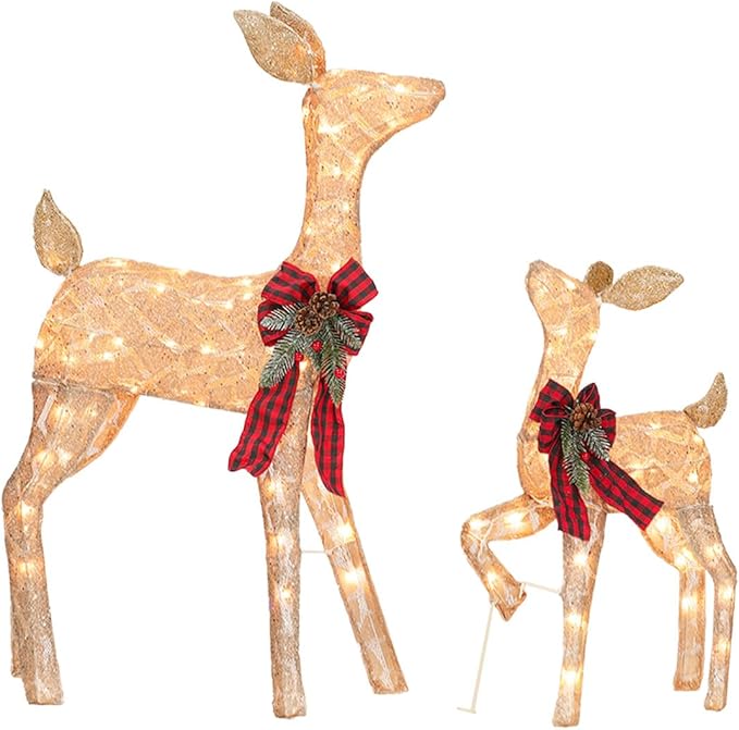 2 Pcs Reindeer Christmas Decoration, Xmas Lighted Golden Shimmering Doe and Fawn Display Set with 105 Warm White Lights for Yard Lawn Indoor Outdoor-CasaMuseHome