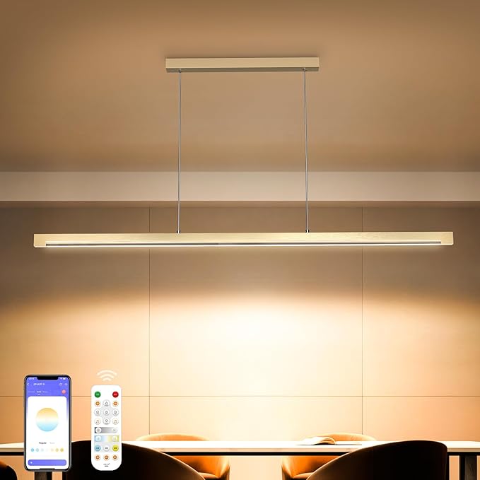 40W Gold Linear Pendant Light Aluminum, 54" Dimmable Kitchen Island Lighting with Remote & App Control, Adjustable CCT (3000K-6000K), Dining Room Chandelier for Home Office Study-CasaMuseHome