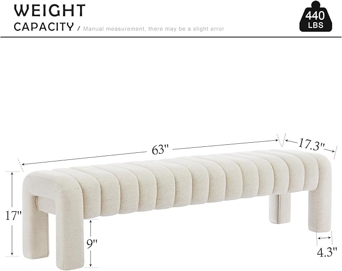 63" Bedroom Bench, Upholstered Entryway Bench, Modern End of Bed Ottoman with Solid Wood Legs and Adjustable Foot Pegs for Entryway, Dining Room and Living Room (Beige Linen)-CasaMuseHome