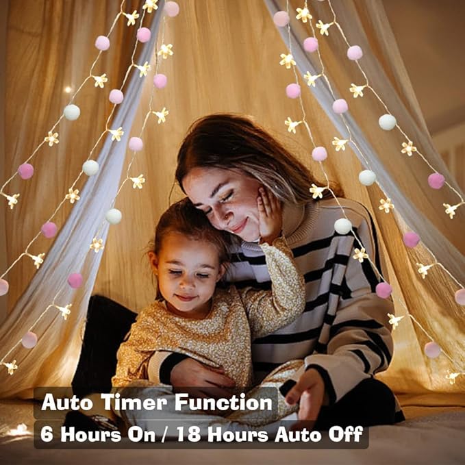 9.85Ft Fairy Lights 20 Cute Pink Pompoms 20 LEDs Cherry Blossom String Garland Battey Operated with Timer Flower Lights for Bedroom Kids Room Party Birthday Wedding Valentines Decoration-CasaMuseHome