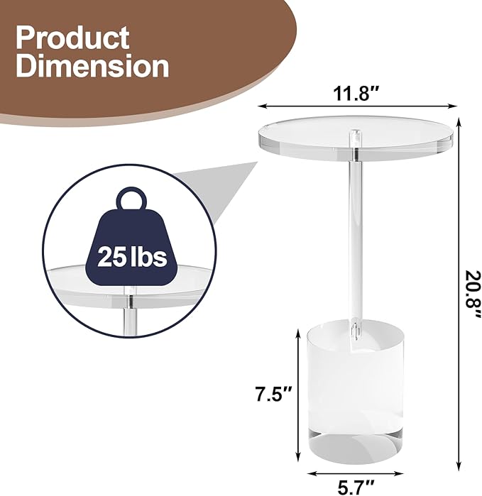Acrylic End Table, Modern Minimalist Acrylic Side Tables, Clear Side Table for Living Room, Bedroom, Office, Drink Table (12" D x 12" W x 21" H, Transparent)-CasaMuseHome