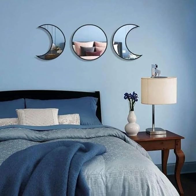 5 pcs Scandinavian Natural Decor Acrylic Moonphase Mirrors Interior Design Wooden Moon Phase Mirror Bohemian Wall Decoration for Home Living Room Bedroom Decor - No Need to Punch (Black)-CasaMuseHome