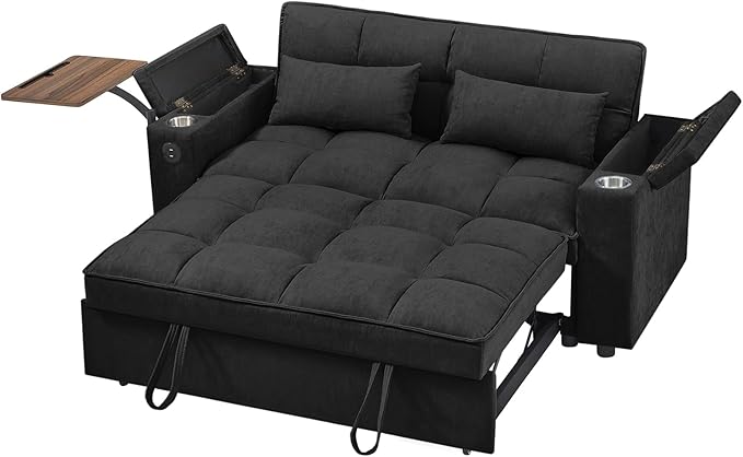 65'' 3-in-1 Folding Convertible Sofa Bed, Pullout Sofa, Modern Chenille Fabric, 360° Swivel Side Table, Easy Assembly, Perfect for Living Room, Black-CasaMuseHome