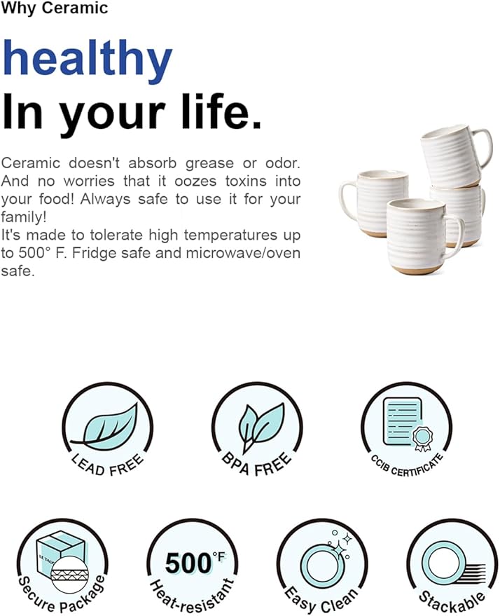 LE TAUCI Coffee Mugs 12 oz, Ceramic Mug Set, Housewarming Wedding Present, Coffee Cups for Latte, Hot Tea, Cappuccino, Mocha, Cocoa - Set of 4, Arctic White-CasaMuseHome