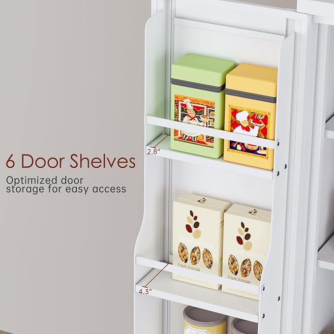 75" H Metal Storage Cabinet, Pantry with 6 Door Shelves and 4 Adjustable Shelves, Leveling Foot for Kitchen, Living Room and Dinning Room, White-CasaMuseHome