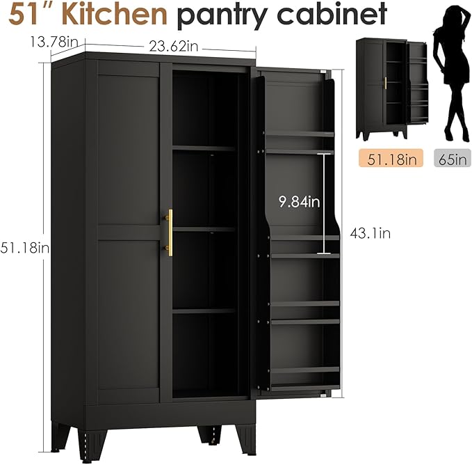 51" Kitchen Pantry Cabinet, Metal Storage Cabinet with 3 Adjustable Layer Shelves, 8 Door Shelves, Buffet Sideboard for Living Room, Kitchen, Black-CasaMuseHome