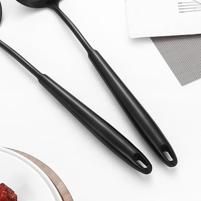 304 Stainless Steel Cooking Utensils,6 Pcs Kitchen Cooking Utensils Set with Spatula, Solid Spoon, Ladle, Skimmer, Spaghetti Spoon,Dishwasher Safe(Black)-CasaMuseHome