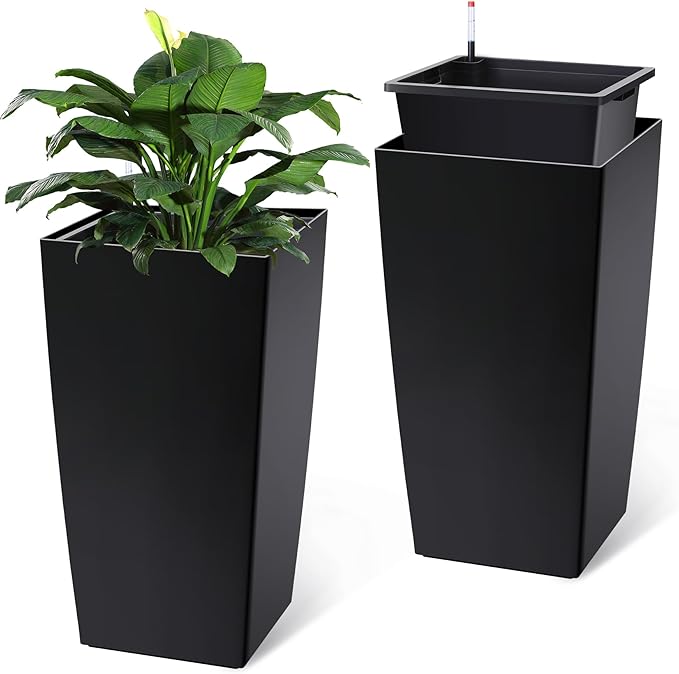 30" Tall Planters Set of 2, Outdoor＆Indoor Black Planter Pots, High Front Porch Planter Pots with Drainage Holes＆Water Level Monitor Movable Wheels ＆Inner Bucket, Automatic Watering,Black-CasaMuseHome