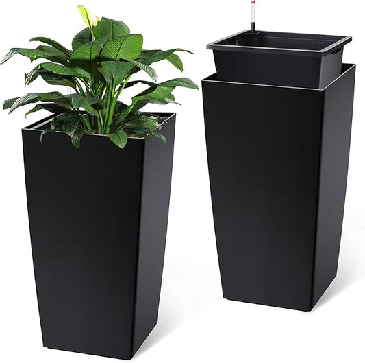 30" Tall Planters Set of 2, Outdoor＆Indoor Black Planter Pots, High Front Porch Planter Pots with Drainage Holes＆Water Level Monitor Movable Wheels ＆Inner Bucket, Automatic Watering,Black-CasaMuseHome
