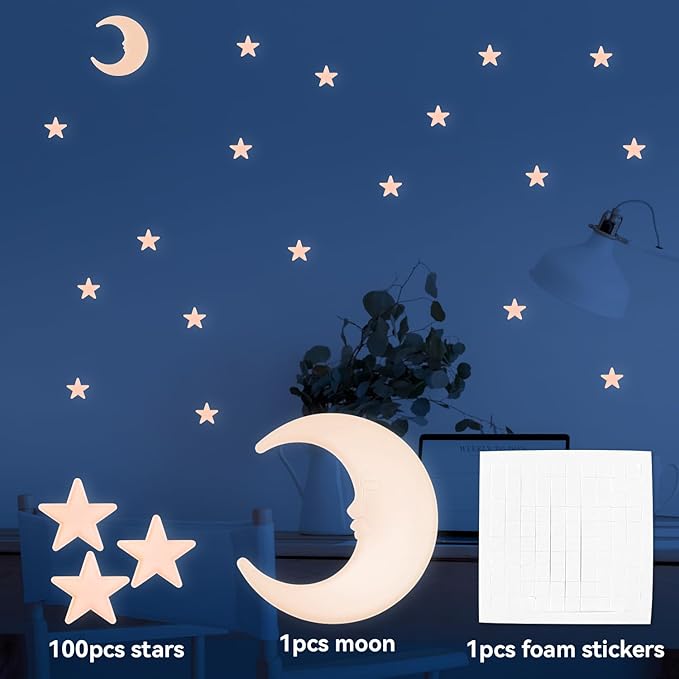 100 Stars and 1 Moon Glow in The Dark Luminous Fluorescent 3D Plastic Glow Stars Moon for Ceiling, Glowing Wall Stickers Create a Realistic Starry Sky, Room Decorations (Pink)-CasaMuseHome