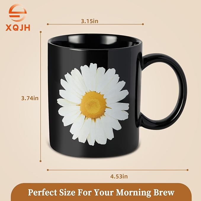 12Oz Daisy Black Ceramic Mug, Mug for Daily Coffee and Tea, Lead-free, Microwave and Dishwasher Safe Coffee Mug, Perfect gifts for women and men-CasaMuseHome