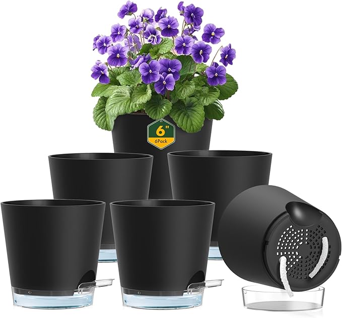 6 inch Self Watering Pots for Indoor Outdoor Plants, 6 Pack Flower Plant Pots with Drainage Holes and Clear Reservoirs, Visible Water Level, Plastic Planters with Wicking Rope, Black-CasaMuseHome