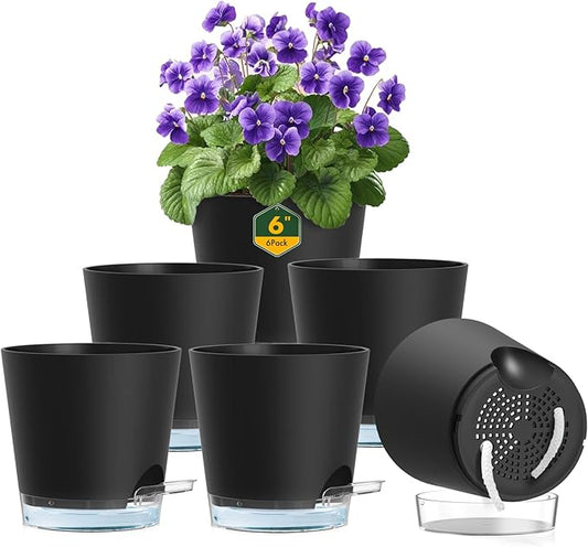 6 inch Self Watering Pots for Indoor Outdoor Plants, 6 Pack Flower Plant Pots with Drainage Holes and Clear Reservoirs, Visible Water Level, Plastic Planters with Wicking Rope, Black-CasaMuseHome