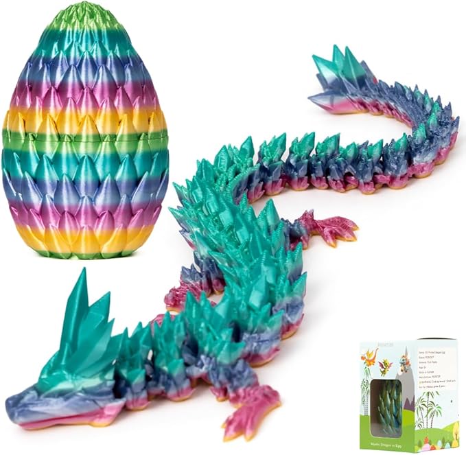3D Printed 12” Articulated Crystal Dragon Inside 5.1” Egg – Fantasy Collectible, Fidget Toy & Stocking Easter Basket Stuffers for Home & Office Decor (Rainbow)-CasaMuseHome