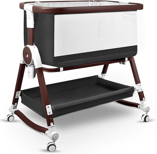 4 in 1 Baby Bassinet, Bassinets Bedside Sleeper with Wheels and Storage Basket, Adjustable 7 Heights Bedside Sleeper with Mosquito Net, Breathable Mesh Rocking Bassinet for Baby-CasaMuseHome