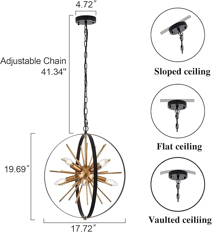 17.72'' Black Gold 8-Light Globe Sputnik Chandelier Modern Industrial Adjustable Hanging Ceiling Firework Pendant Light Fixture for Entryway Stairway Kitchen Dining Living Room Hallway-CasaMuseHome
