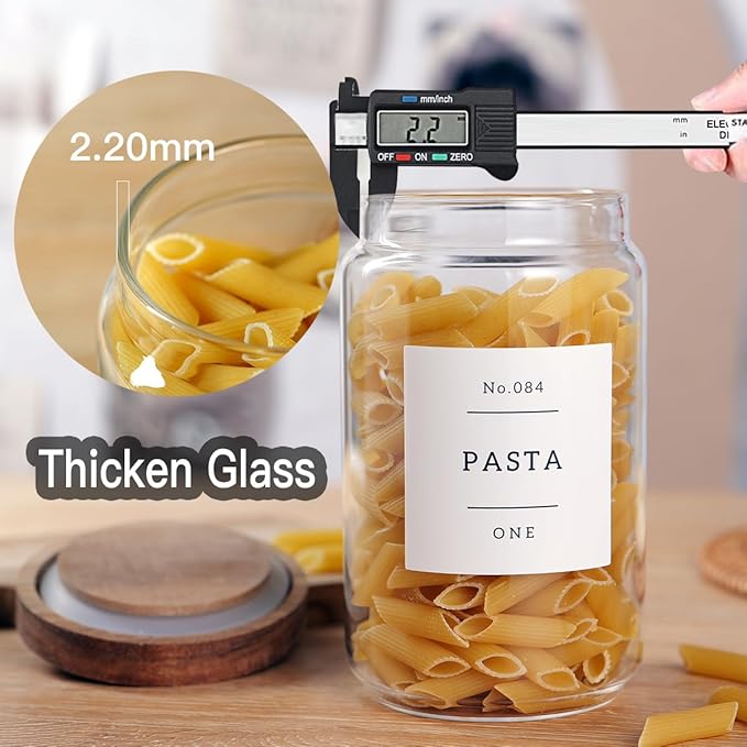 6 Set Glass Pantry Storage Jars with Acacia Airtight Lid - 23oz Thicken Glass Kitchen Canisters with 132 Pantry Labels - Clear Glass Food Storage Containers with Wood Lid for Tea,Sugar,Cookie,Coffee-CasaMuseHome