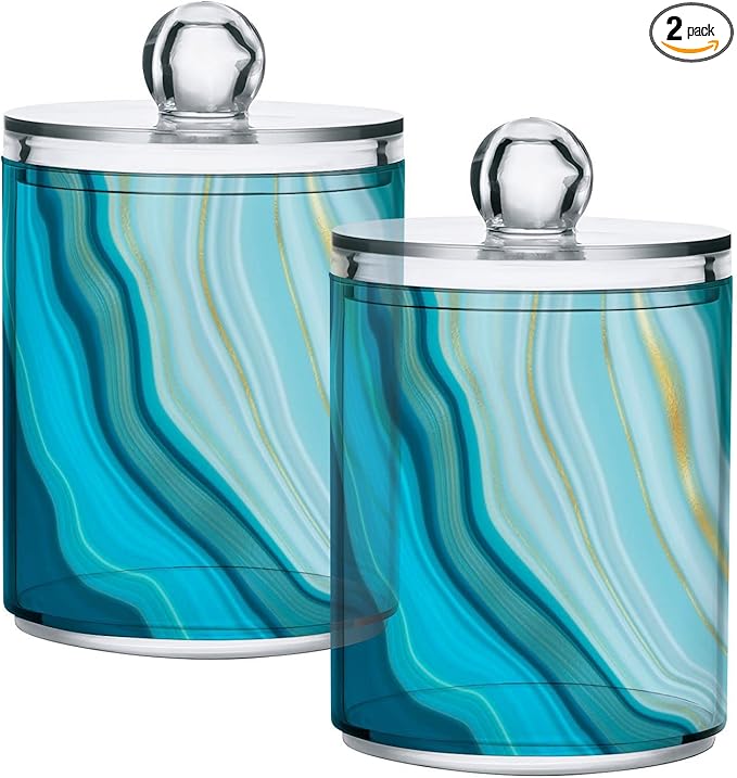 2 Pack Qtip Holder Dispenser Teal Turquoise Blue Marble Bathroom Storage Canister Lid Acrylic Plastic Apothecary Jar Set Vanity Makeup Organizer for Cotton Swab/Ball/Round Pads, Floss-CasaMuseHome