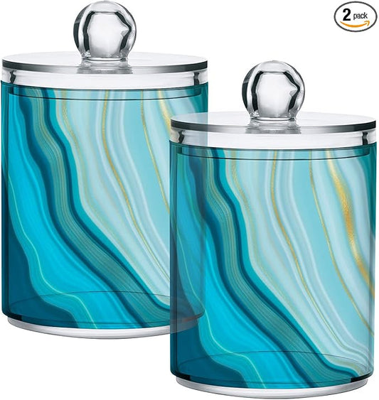 2 Pack Qtip Holder Dispenser Teal Turquoise Blue Marble Bathroom Storage Canister Lid Acrylic Plastic Apothecary Jar Set Vanity Makeup Organizer for Cotton Swab/Ball/Round Pads, Floss-CasaMuseHome