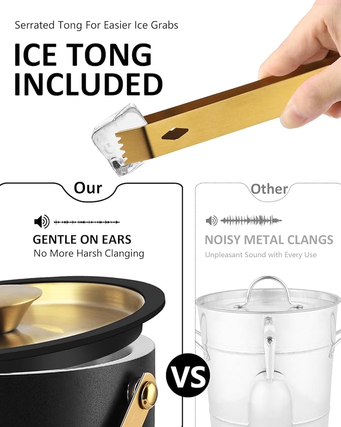 3L Ice Bucket with Silicone Lid, Scoop, Gold Tongs & Strainer, Stainless Steel Double Wall Insulated Ice Buckets for Parties & Cocktail Bar, Outdoor Champagne Ice Container Bin, Black-CasaMuseHome