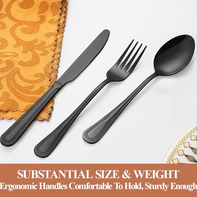 40 Pcs Black Silverware Set for 8 with Pearled Edge Handle design, Food Grade Stainless Steel Flatware Set, Eating Utensils Sets Include Fork/Knife/Spoon, Reusable Cutlery Set, Dishwasher Safe-CasaMuseHome