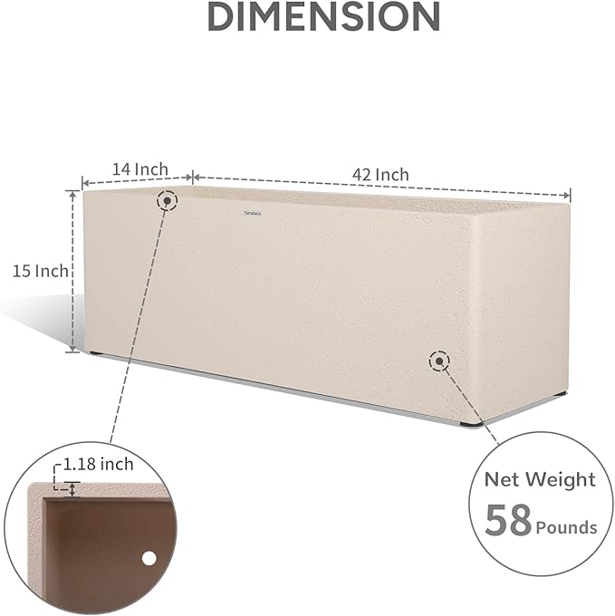 42 Inch Rectangular Concrete Planter（42Lx14Wx15H，58 Pounds）,Durable All-Weather Use with Drainage Holes,Large Rectangular Planter for Outdoor Indoor Plants-CasaMuseHome