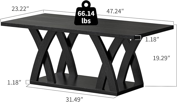 47” Wood Coffee Tables for Living Room Rustic Stands with Storage Shelf Black Coffee Tables for Living Room Farmhouse Center Stands with Shelf Farmhouse Rectangle Center Table-CasaMuseHome