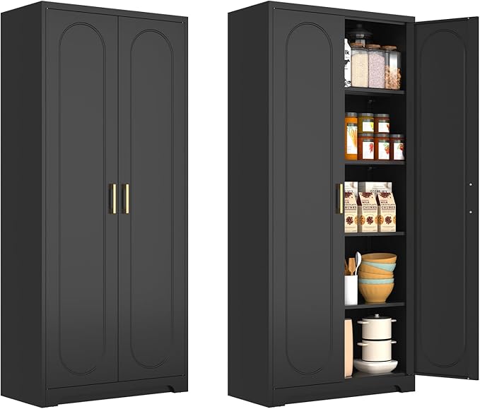 71" Tall Kitchen Pantry Cabinet, Pantry Storage Cabinet with Doors and Shelves, Metal Food Pantry Cabinets with Handles, Black Freestanding Cupboard for Living&Dining Room-Assemble Required-CasaMuseHome
