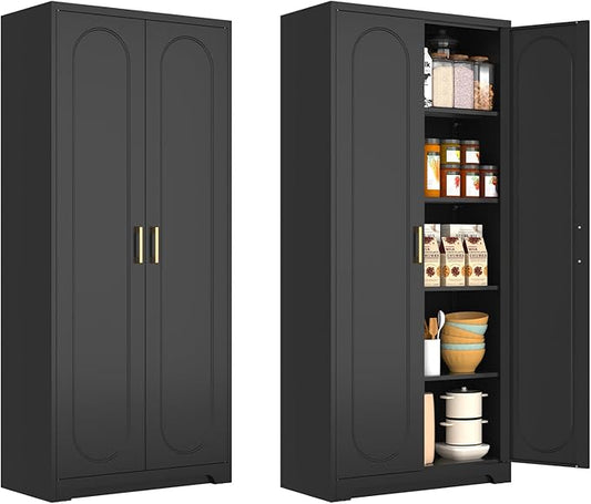 71" Tall Kitchen Pantry Cabinet, Pantry Storage Cabinet with Doors and Shelves, Metal Food Pantry Cabinets with Handles, Black Freestanding Cupboard for Living&Dining Room-Assemble Required-CasaMuseHome