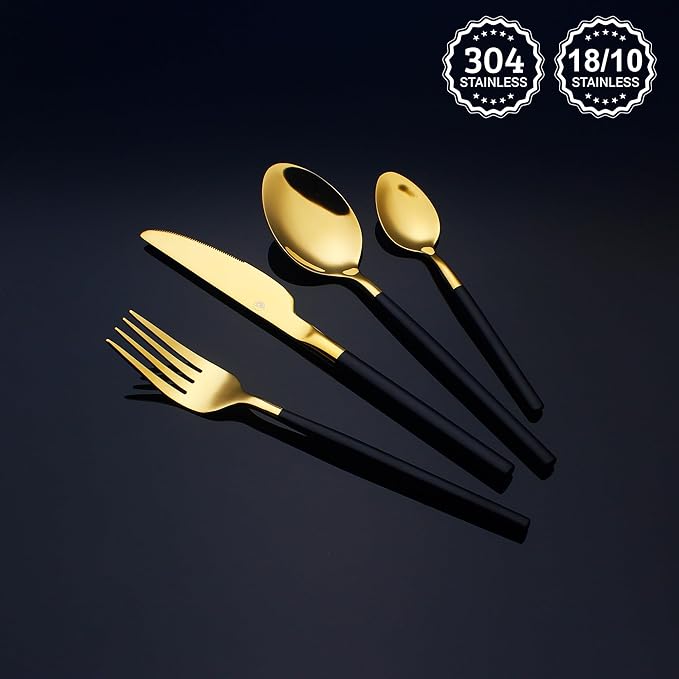 24 Piece Silverware Set For 6 Gold & Matte Black Handle Heavy duty 18/10 Stainless Steel Flatware Set Modern Design Knife/Fork/Spoon Mirror Polished Dishwasher Safe Cutlery Set with Gifts-CasaMuseHome