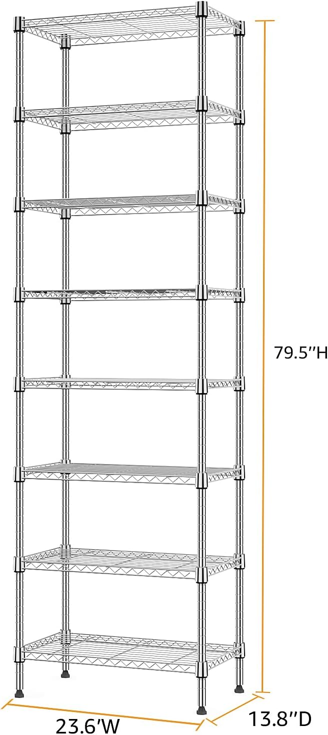 8 Tier 2000 lbs Storage Rack Metal Wire Shelving Unit, Storage Standing Shelf Organizer for Laundry Bathroom Kitchen Pantry Closet Garage Utility Room, Chrome 13.8" D x 23.6" W x 79.5" H-CasaMuseHome