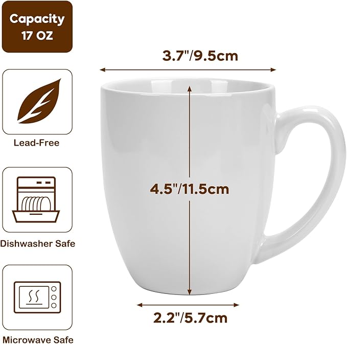 16 OZ White Stoneware Mugs Set of 6, Large Ceramic Coffee Cups with Handle, Porcelain Mugs for Latte, Milk, Tea and Juice-CasaMuseHome