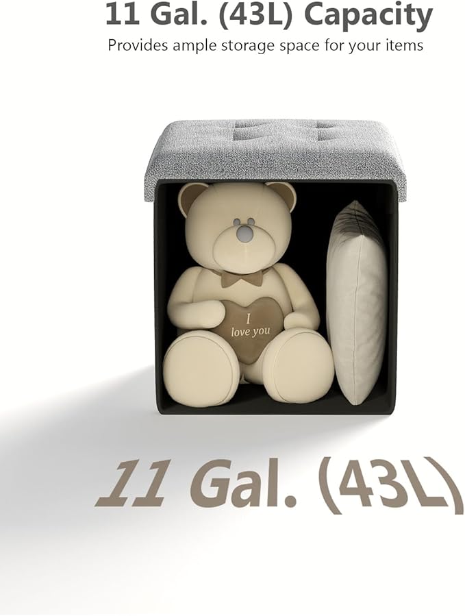 15 Inches Small Folding Storage Ottoman Cube, Storage Footrest, Foot Rest Stool, for Living Room, Bedroom, Dorm, Hallway, Entryway, Light Gray-CasaMuseHome