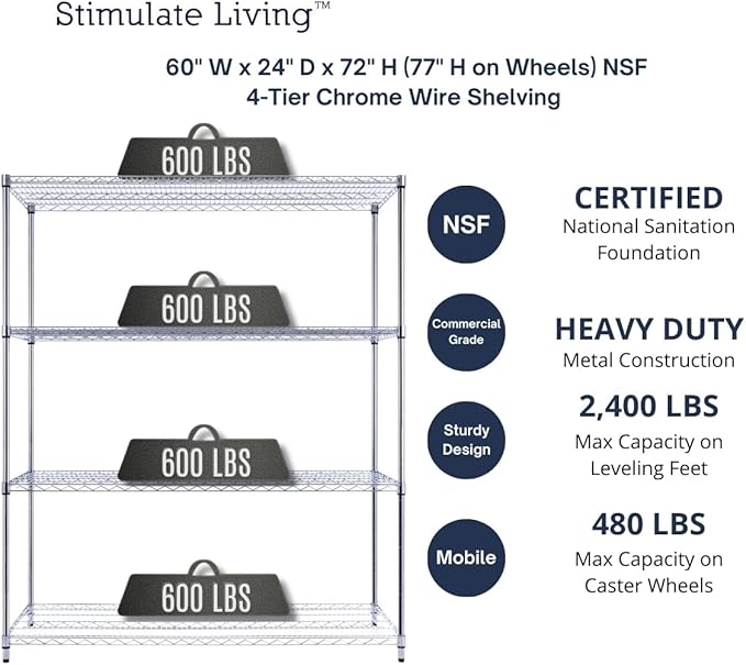 60"x24"x72" PRIME HEAVY DUTY Chrome 4-Tier Wire Shelving NSF 2400 LBS MAX Capacity Storage Rack for Commercial, School, Home, Garage, Warehouse, Industrial, and Hospital Uses (with Wheels)-CasaMuseHome