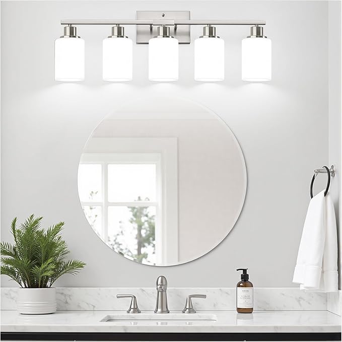 5-Light Brushed Nickel Bathroom Vanity Light with Milky White Frosted Glass Shades, Modern Bathroom Light Fixtures, Up/Down Reversible Lighting for Mirror, Bedroom, Kitchen, Living Room, Hallway-CasaMuseHome