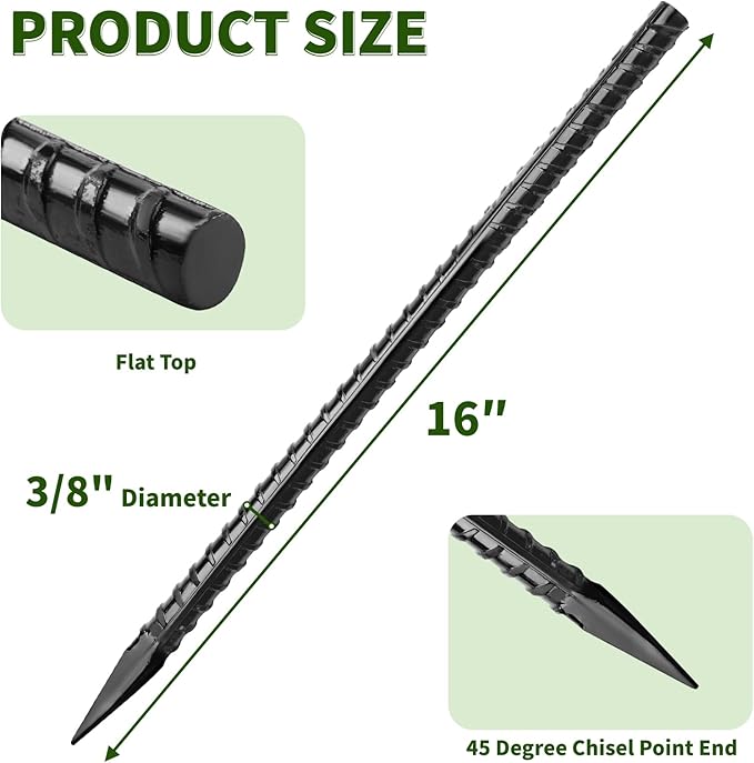 16 inches Rebar Stakes Heavy Duty (34-Pack) Metal Spikes for Concrete Timber, Garden Plant, Straight Steel Stakes for Tent, 3/8" Thickness Ground Anchors with Chisel Point End, Black-CasaMuseHome