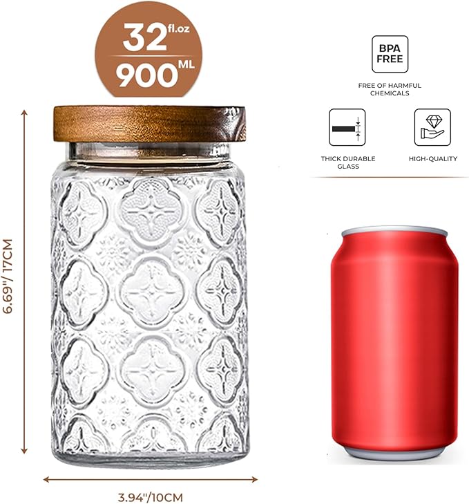32oz Vintage Glass Jar With Lid, Glass Storage Containers, Airtight Kitchen Storage Containers For Sugar, Coffee, Tea, Spice, Flour, Candy Cookie, Pasta, Cereal, Cute Decorative Jars-CasaMuseHome