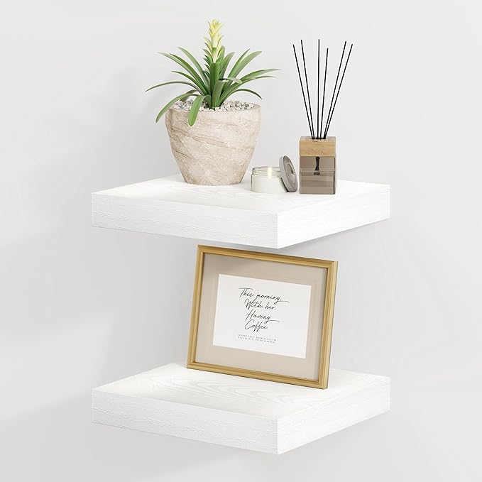 8 Inch Deep Floating Shelves White, Rustic Wood Floating Shelf for Home Decor, 8 x 8 Inch Square Wall Shelves, Wooden Storage & Display Shelves for Kitchen, Bathroom, Living Room, Set of 2-CasaMuseHome