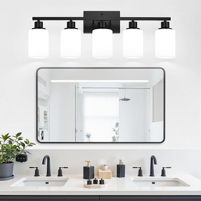 5-Light Black Bathroom Vanity Light Fixture with Milky White Frosted Glass Shades, Bathroom Light Fixture for Mirror, Matte Finish, Reversible Up/Down Lighting for Bedroom, Living Room, Hallway-CasaMuseHome