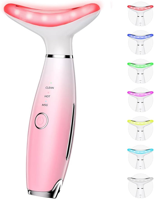 7 Color Galvanic Machines - Red Light Therapy for Face and Neck, Face Massager Tool for Wrinkles, Double Chin, Vibrating Facial Massager with Thermals, Pink-CasaMuseHome