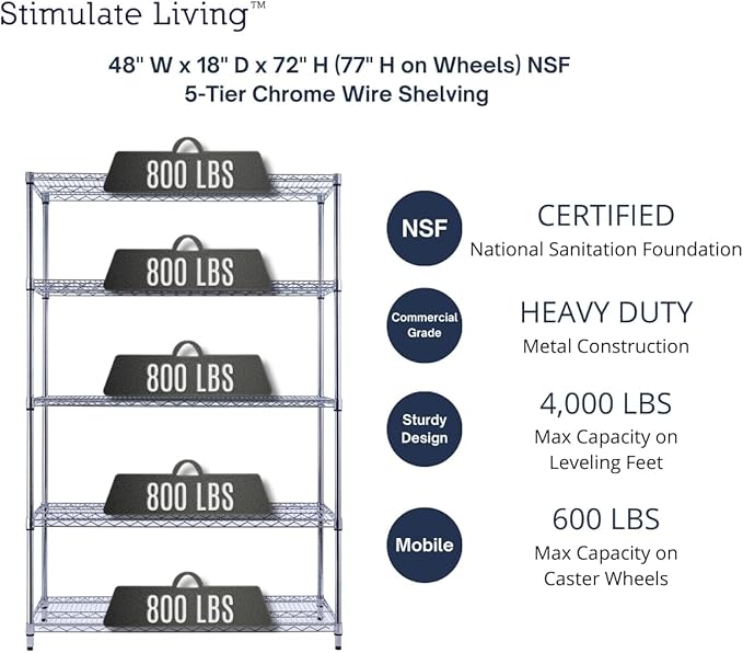 48"x18"x72" PRIME HEAVY DUTY Chrome 5-Tier Wire Shelving NSF 4000 LBS MAX Capacity Storage Rack for Commercial, School, Home, Garage, Warehouse, Industrial, and Hospital Uses (with Wheels)-CasaMuseHome