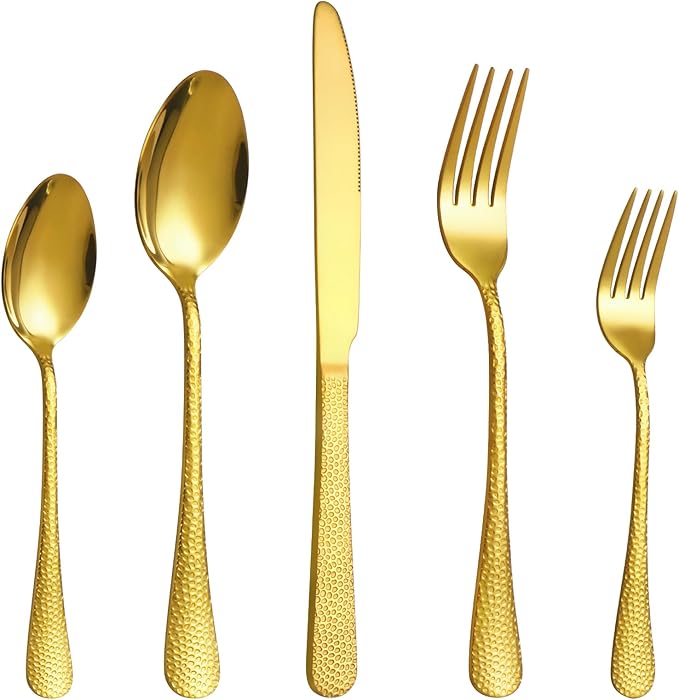 40 Pcs Gold Silverware Set for 8 with Hammered Design, Food Grade Stainless Steel Flatware Set, Eating Utensils Sets Include Fork/Knife/Spoon, Cutlery Set, Dishwasher Safe-CasaMuseHome