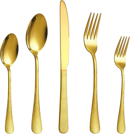 40 Pcs Gold Silverware Set for 8 with Hammered Design, Food Grade Stainless Steel Flatware Set, Eating Utensils Sets Include Fork/Knife/Spoon, Cutlery Set, Dishwasher Safe-CasaMuseHome