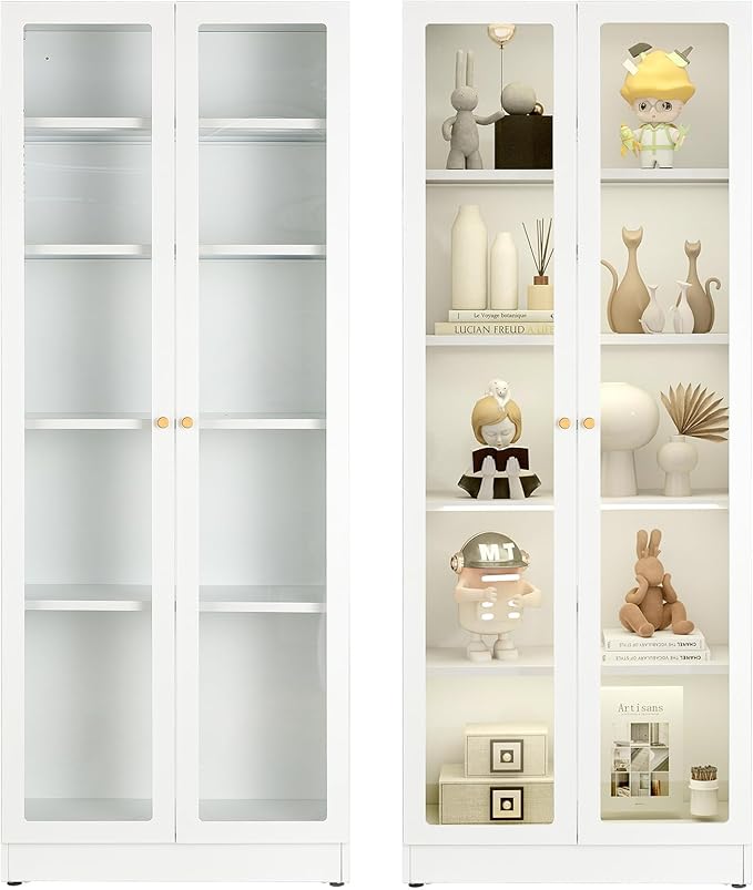 5 Tier Metal Curio Cabinets, Modern Bookshelf Cabinet with 4 Adjustable Shelves, Cabinet Display Case for Home Office, Living Room, Pantry (White-27.5W)-CasaMuseHome