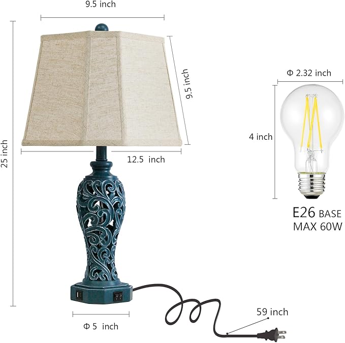 25'' Farmhouse Table Lamps Set of 2 for Living Room Bedroom, 2 USB Ports Coastal Vintage Table Lamp with Nightlight, Blue Green Hollow Out Resin Lamp for End Table (Bulbs Included)-CasaMuseHome